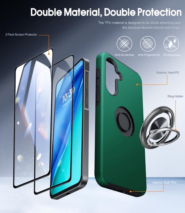 Thumbnail 6 de AOUIA for Samsung Galaxy A56 5G Case (Green) with 2x Screen Protector and 360° Ring Kickstand