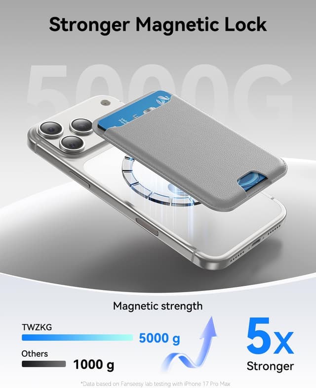 Detalle de TWZKG MagSafe Wallet (3 Card Holder) — magnetic phone wallet with RFID blocking vegan leather, Grey