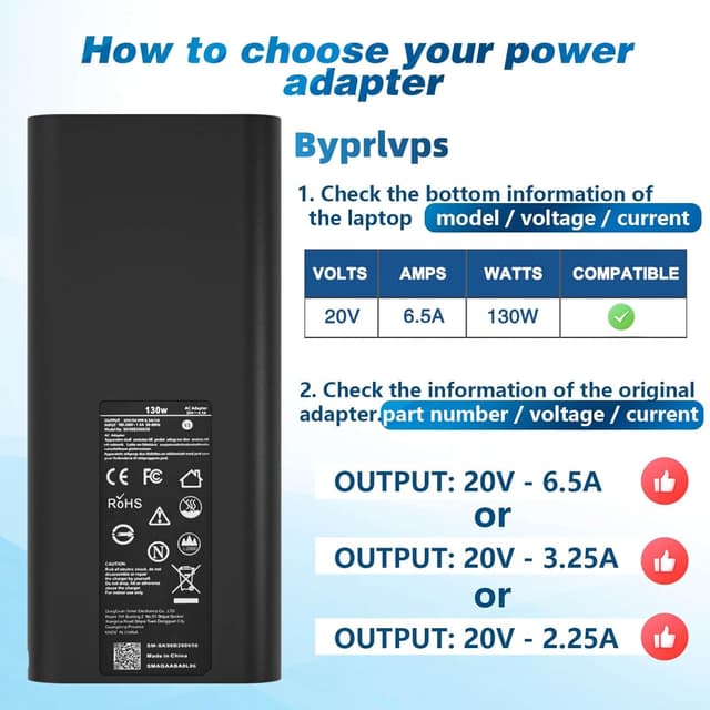 Detalle de Byprlvps 130W USB-C Laptop Charger (USB-C/Type C) for Dell XPS, Latitude & Precision