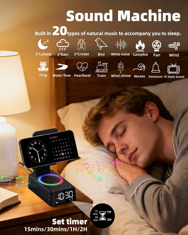 Detalle 2 de Caulikine 6-in-1 Alarm Clock with Bluetooth Speaker, Phone Stand, White Noise & Ambient Light