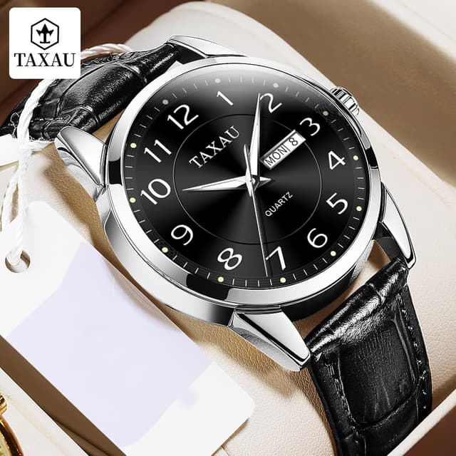 Detalle de Taxau klassische Lederuhr für Herren mit Analog-Quarzwerk, Big Dial, 41 mm, wasserdicht bis 30 m