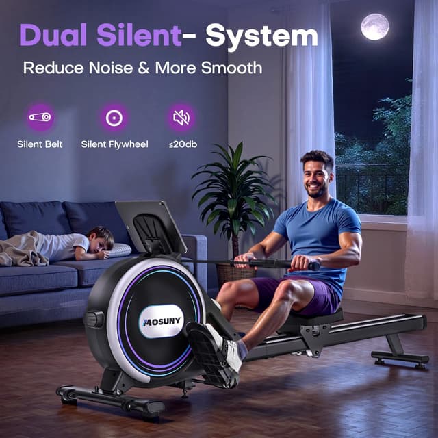 Detalle de MOSUNY Home Rowing Machine with Magnetic Resistance, 32 Levels, App Support, LCD Display, 400 LB Capacity
