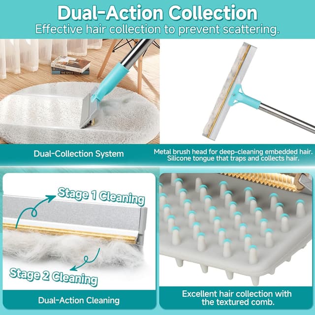 Detalle de FancyMouse Carpet Rake for Pet Hair Removal Tool (54” Adjustable Handle, 3-Piece Set)