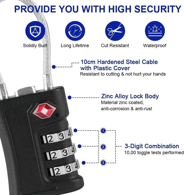 Detalle 2 de Flintronic lot de 2 cadenas à code à 3 chiffres TSA avec câble 14 cm