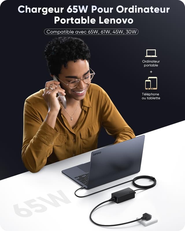 Detalle 2 de Chargeur 65W USB‑C pour Lenovo ThinkPad et Yoga (Power Delivery, prise USB‑C)