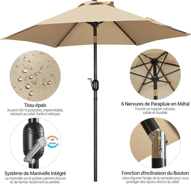 Detalle de Yaheetech Parasol de jardin inclinable 230 cm, toile polyester et 6 baleines métalliques
