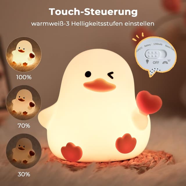 Detalle 2 de JVURICE® Kinder-Nachtlicht Ente aus Silikon, dimmbar & RGB mit Touch und Timer