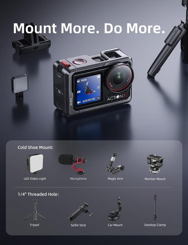 Detalle de llano Action Camera Cage for DJI Osmo Action 5 Pro / 4 / 3 (CNC aluminium) — cold shoe + 1/4”-20, magnetic mount compatible, 57g