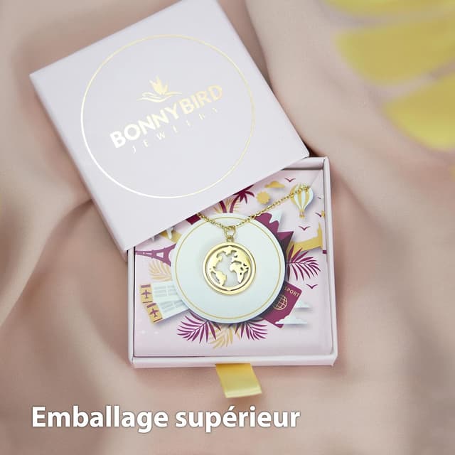 Detalle de Collier globe terrestre rotatif BONNYBIRD en acier inoxydable 316L pour femme, carte du monde