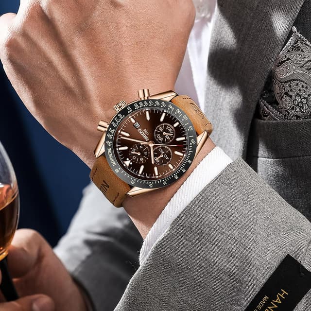 Detalle de NIBOSI orologio da uomo analogico al quarzo cronografo con data, impermeabile 3 ATM e cinturino in pelle