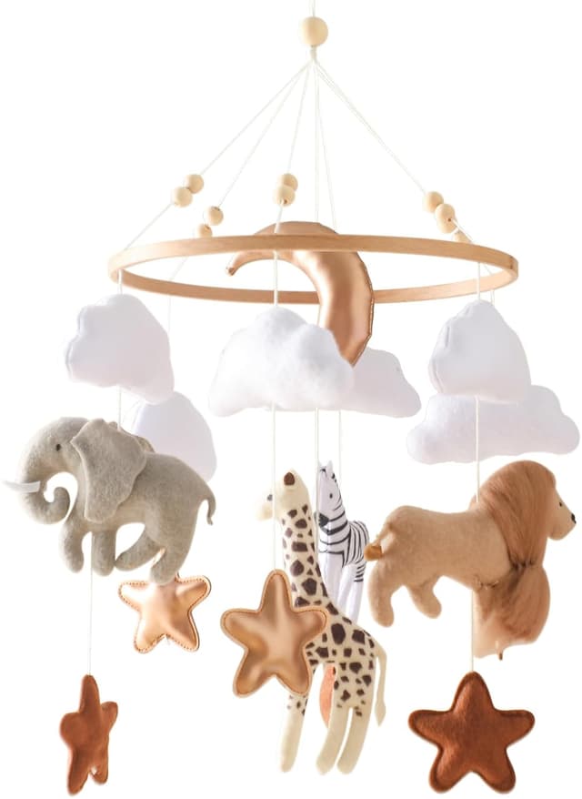 Detalle de Mobile Baby Windspiele aus Filz & Naturholz – Tierchen „Waldtiere“ Bettglocke für Kinderbett, Geschenk zur Geburt