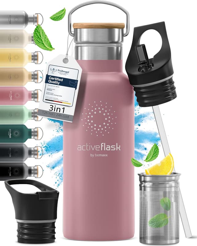 Detalle de Trinkflasche Edelstahl mit Strohhalm-Infuser & 3 Deckeln (BPA-frei, auslaufsicher) – 530 ml, isoliert