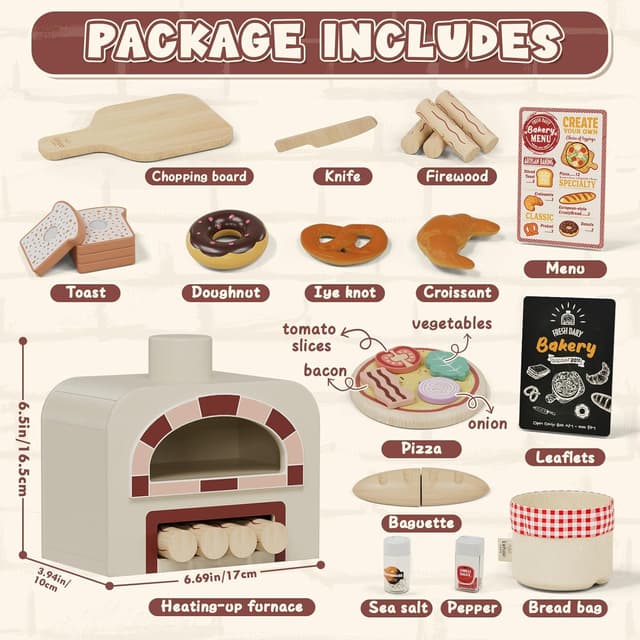 Detalle de Lehoo Castle wooden play food baking set with pizza toys and Velcro cutting pieces