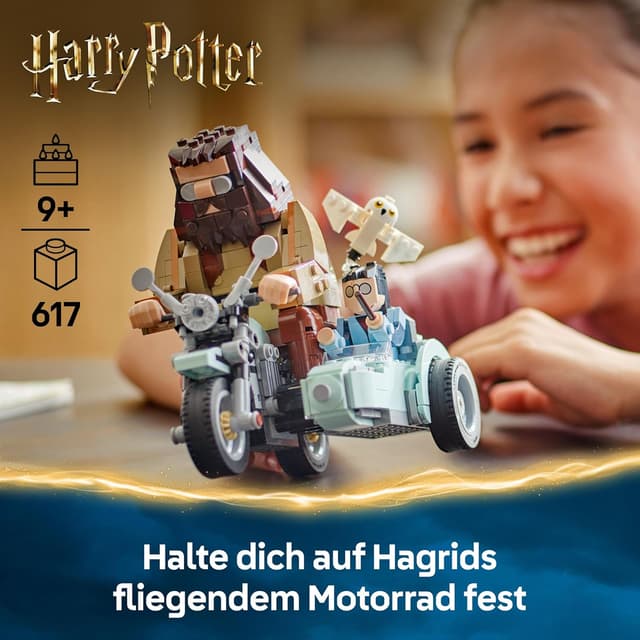 Detalle de LEGO Harry Potter 76443 „Hagrids und Harrys Motorradtour“ mit Motorrad, Beiwagen & Eule Hedwig