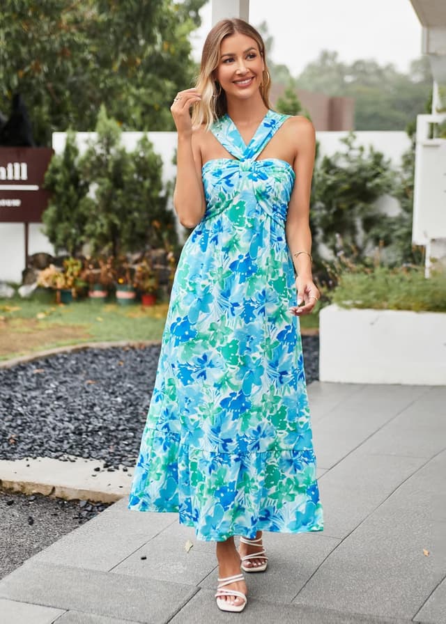 Detalle de Grace Karin Floral Boho Halter Maxi Dress with Pocket for Summer Vacations