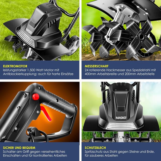 Detalle de MASKO® Motorhacke elektrisch mit 1.500 Watt, 45 cm Arbeitsbreite und 20 cm Arbeitstiefe