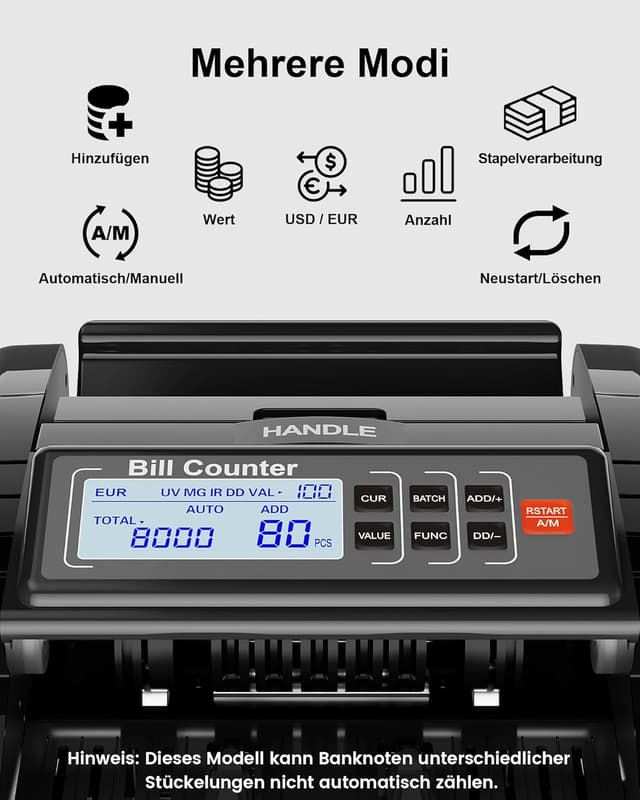 Detalle 2 de AL1000 Geldzählmaschine mit UV/IR/DD/MG Falschgelderkennung, LCD-Display und 1200 Banknoten/Min.