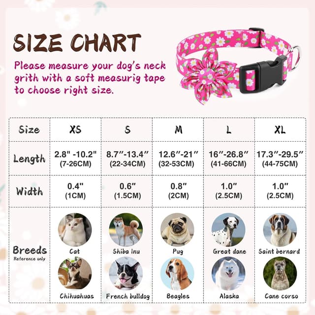 Detalle de Daisy Pink dog collar with removable flower bow (hot pink floral options) for small to large dogs