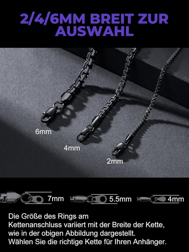 Detalle de Richsteel Edelstahl-Kette Herren & Damen Venezianisch 2/4/6 mm Silber/Schwarz/Vergoldet – Längen von 35 bis 76 cm
