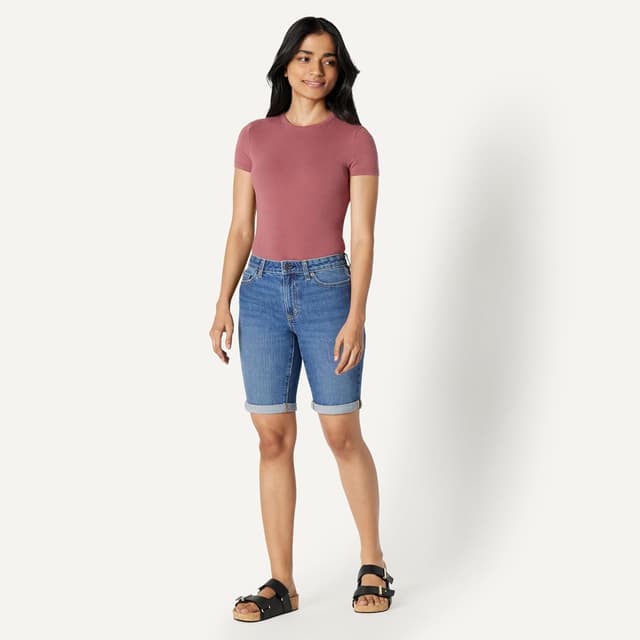 Detalle de Amazon Essentials Women’s 9-Inch Bermuda Shorts (Slim Fit, Mid-Rise, Stretch Denim)
