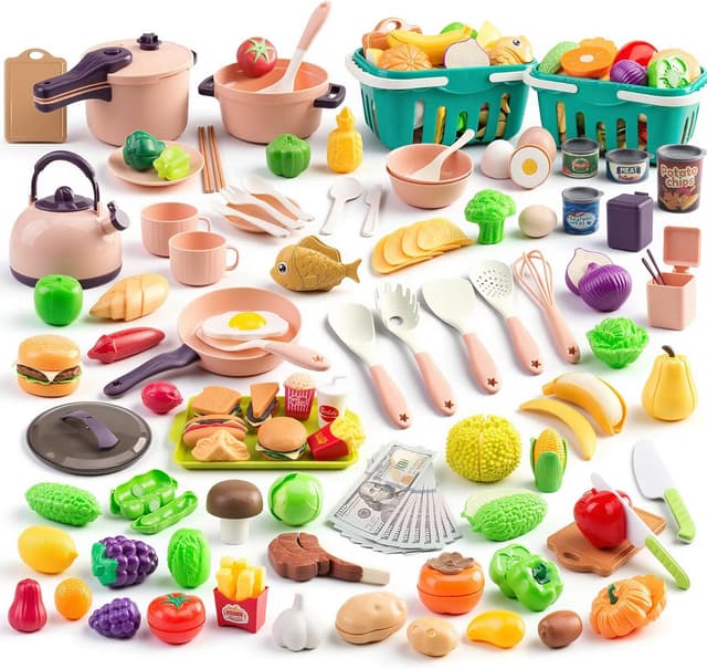 Detalle de 200Pcs Mini Play Kitchen Accessories Set for Kids (Pretend Cooking Playset) — Cookware, Tableware, and 2 Fruit Sets, Pink