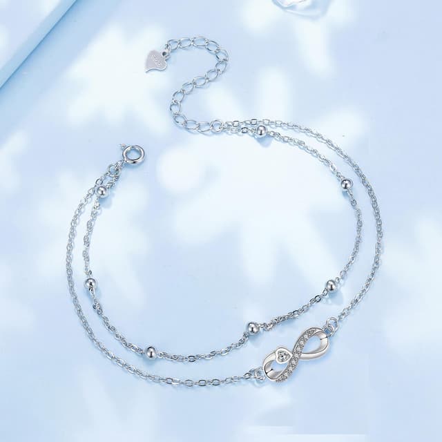 Detalle de Arrebol Fußkettchen Damen aus Silber 925 – Doppelkette mit Kugelperlen, verstellbar (22 cm + 4 cm)