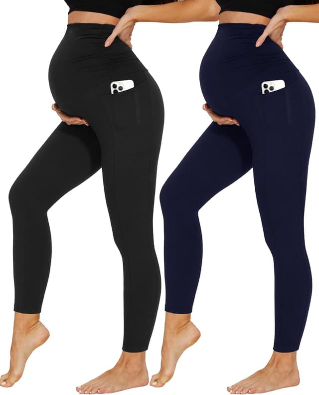 Detalle de DDOBB 2 Pack Maternity Leggings Over Bump with Pockets (High Waist, Soft Belly Support)