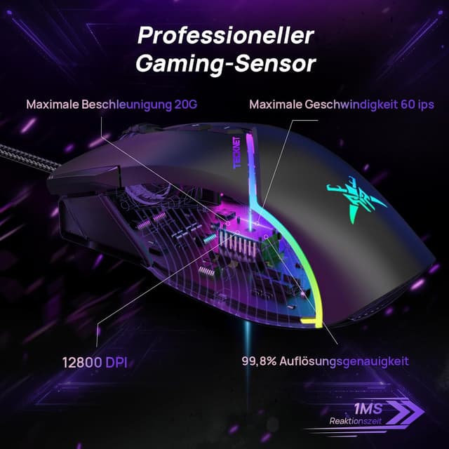 Detalle de TECKNET kabelgebundene Gaming-Maus (12800 DPI, 8 programmierbare Tasten, 13 RGB) für Rechtshänder