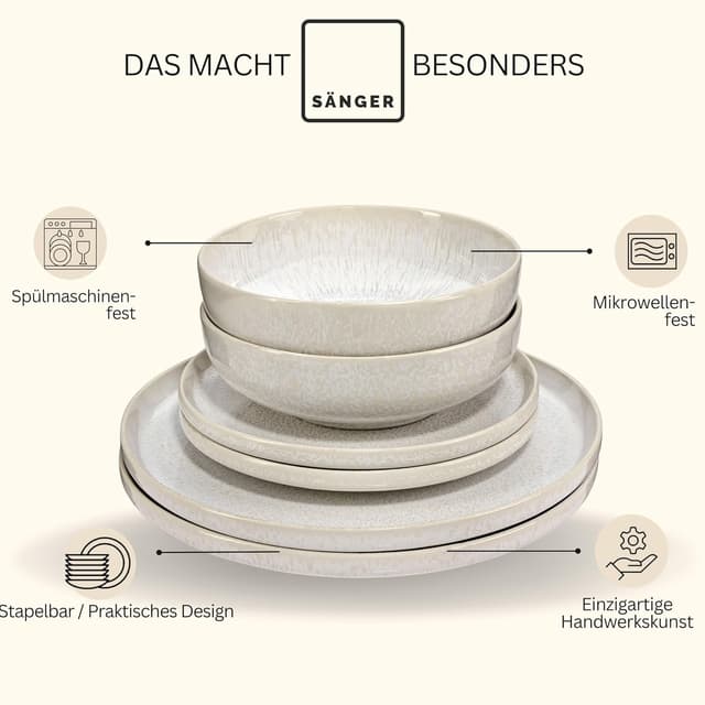 Detalle de SÄNGER Geschirrset Korfu 24-tlg für 8 Personen – Steingut handgemacht in Cremefarben