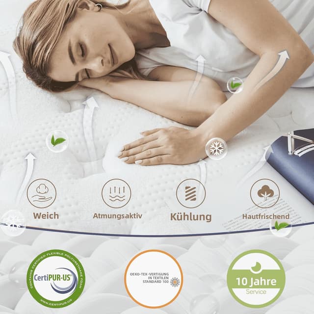 Detalle de Bednew Matratze 80 x 200 cm H3 (31 cm) mit 7-Zonen Taschenfederkern und Comfort Memory-Schaum