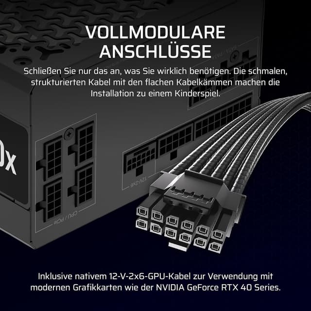 Detalle de CORSAIR RM750x (ATX 3.1) 750 W modulares Netzteil mit Zero-RPM-Modus, Native 12V-2x6 und Cybenetics Gold