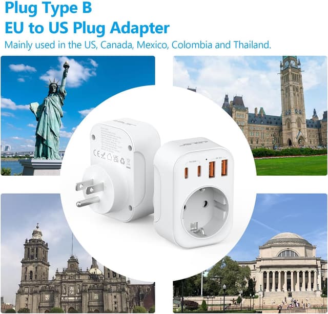 Detalle 2 de JSVER adaptateur prise USA 5 en 1 (France → USA/Canada) avec 2 USB-A et 2 USB-C (PD 20 W) — blanc