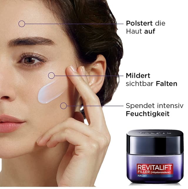 Detalle 2 de L’Oréal Paris Revitalift Filler Hyaluron Nachtcreme mit Micro-Filler & Hyaluronsäure – Anti-Aging Gesichts- & Schlaflinienpflege (2er Pack, je 50 ml)