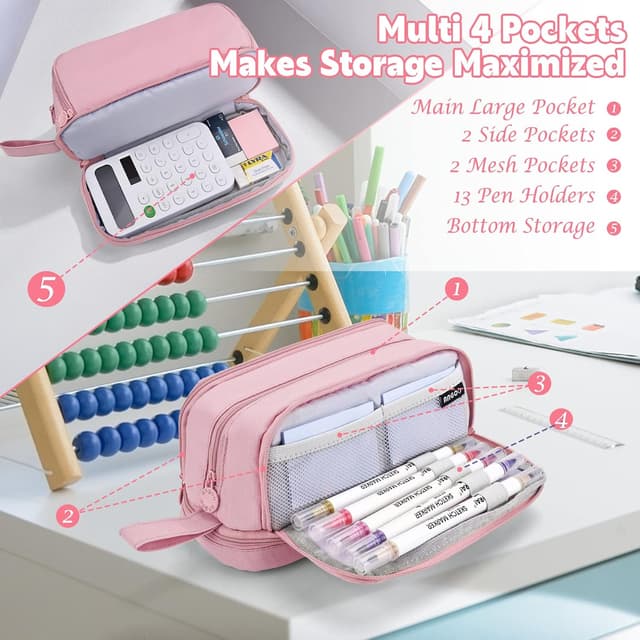 Detalle 2 de Howala Large Capacity Pencil Case with 4 Compartments (Pink) – canvas pen pouch for school and travel