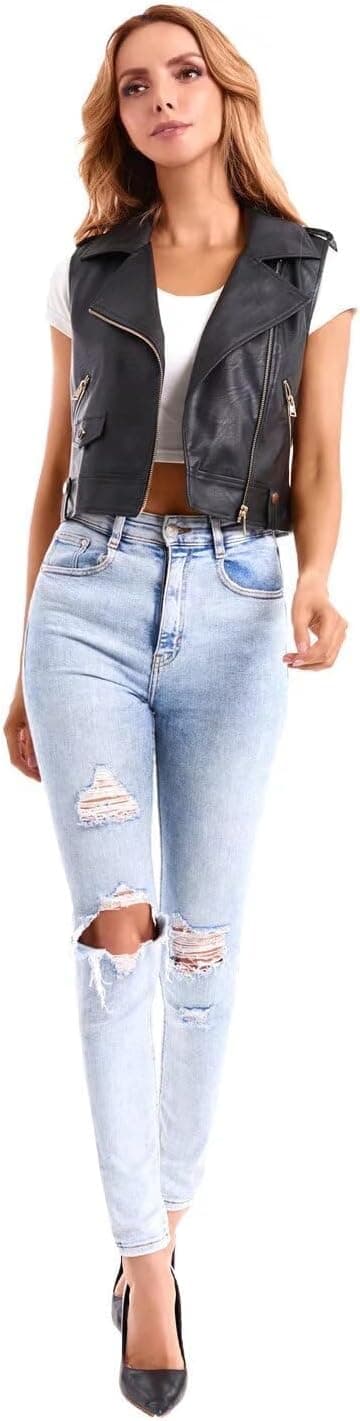 Detalle de DIASHINY faux leather moto waistcoat for women with lapel and zip pockets