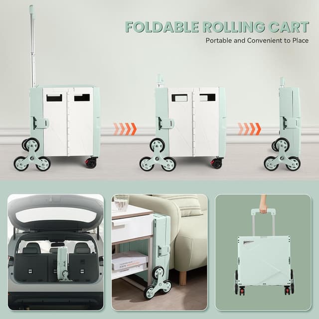 Detalle de Foldable Utility Cart Shopping Trolley Box with Stair-Climbing Wheels, Adjustable Handle & 55L Capacity (Light Green)