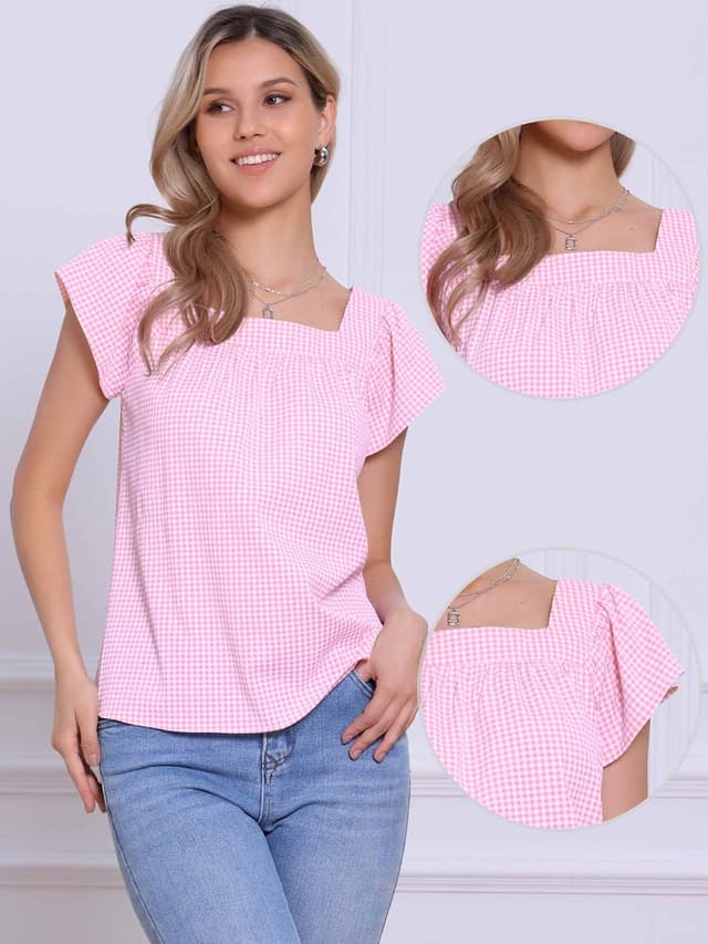 Detalle 2 de Allegra K Damen kariertes ärmelloses Hemd mit quadratischem Ausschnitt