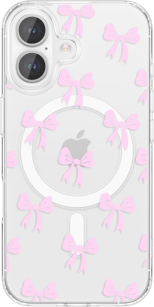 Detalle de ZTOFERA Magnetische Hülle für iPhone 16 Plus (6,7") mit transparentem Design und Schleifen-Motiv – Rosa