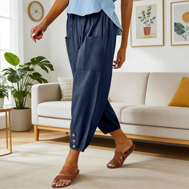 Detalle de Pantalon femme d’été en coton fluide – pantacourt 7/8 à taille élastique, ample et décontracté