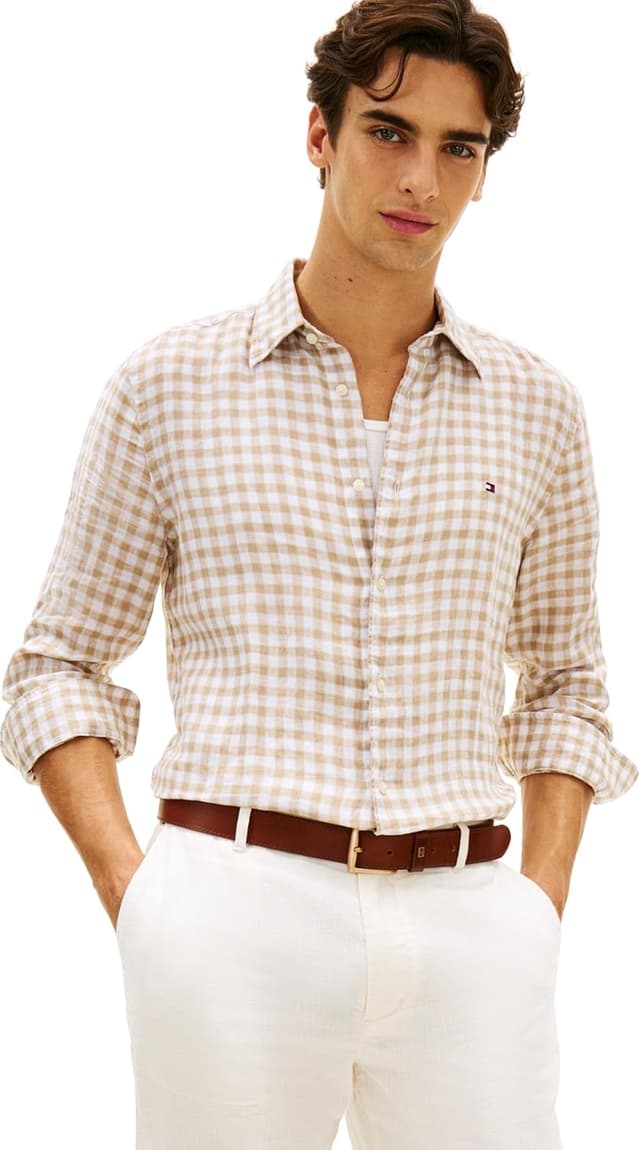 Detalle de Tommy Hilfiger Linen Essential Gingham RF Shirt MW0MW42401 camicia in lino gingham uomo