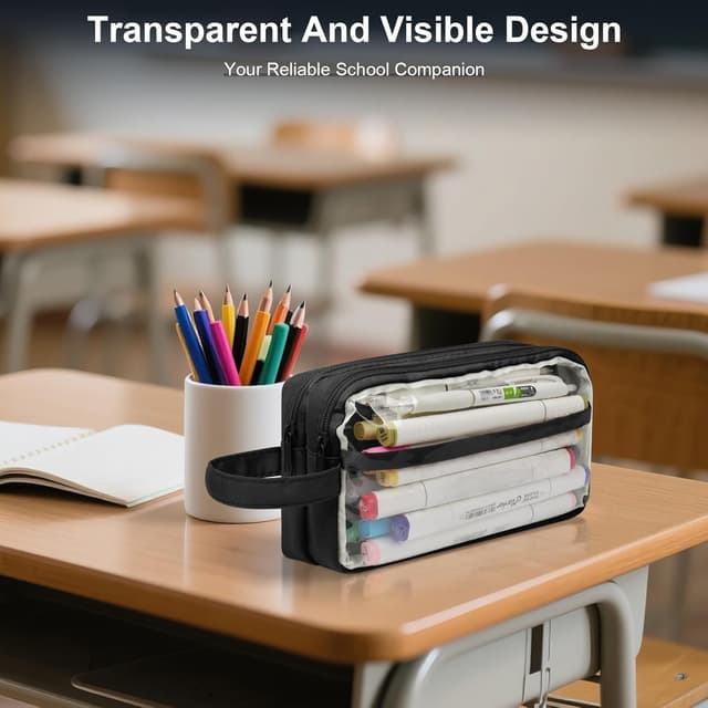 Detalle 2 de TIECHI Large Pencil Case for Girls & Boys (Black) – big, compartment organiser with wide opening