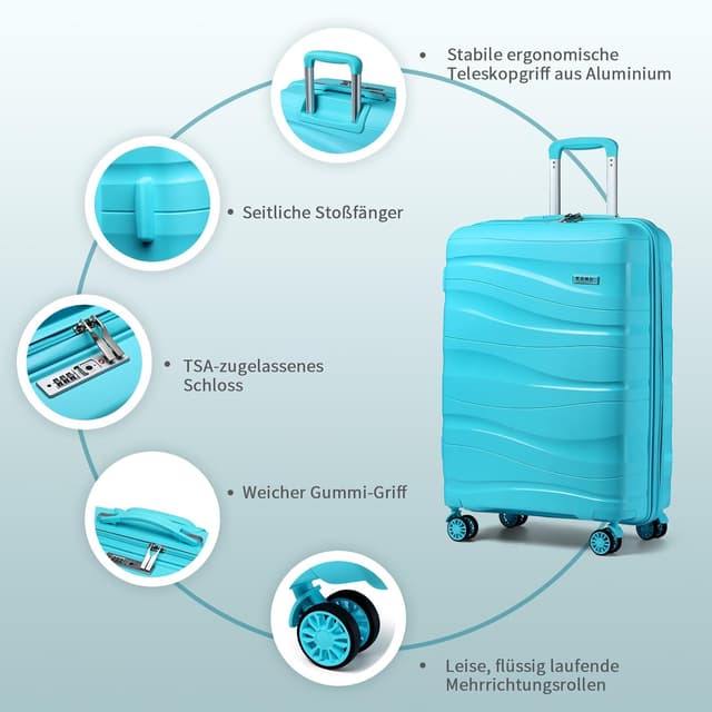 Detalle de KONO Handgepäckkoffer 55 cm mit TSA-Schloss, Polypropylen-Hartschale und 4 Rollen (hellblau)