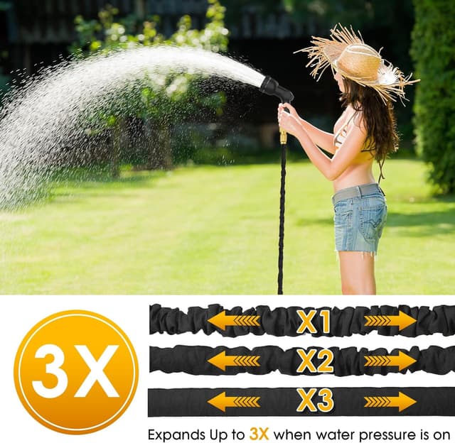 Detalle de Garden Hose Pipe 50FT – 3X Expandable Hose with 10-Mode Spray Gun and Brass Fittings