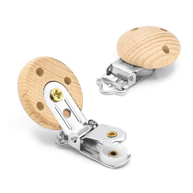 Detalle 2 de RUBY 10er Pack Schnullerclips aus Naturholz, schadstofffrei – mit Metallclip