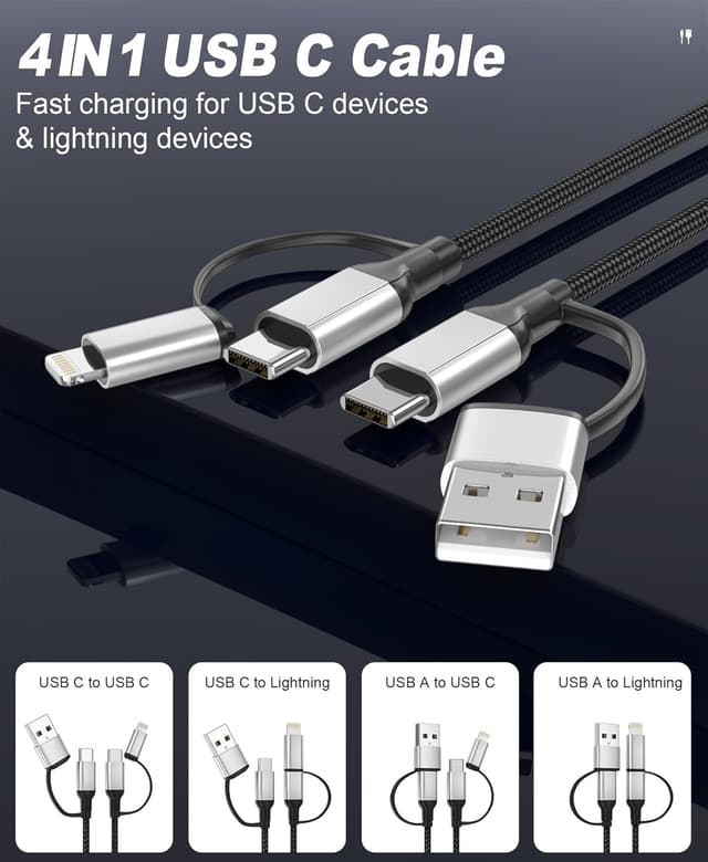 Detalle 2 de 2m 4-in-1 Multi-USB-Ladekabel (USB‑C/Lightning) für iPhone & Android – Schnellladen bis 3A