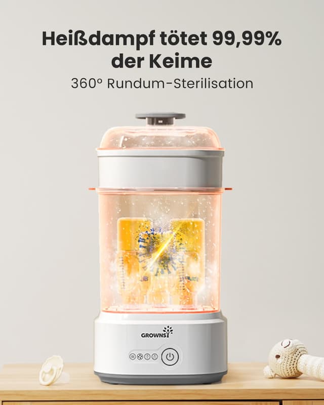 Detalle de Grownsy Sterilisator für Babyflaschen mit Trocknerfunktion (5-in-1) – Dampfsterilisator & Luftfilter für bis zu 5 Flaschen