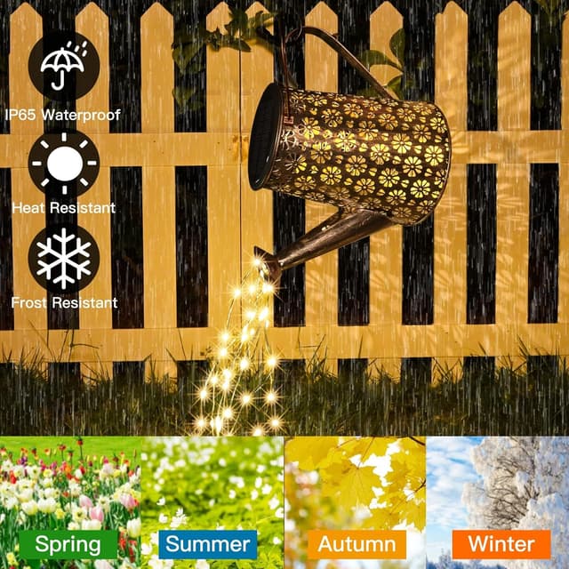 Detalle de MEDE solar watering can fairy lights (90 LEDs) – outdoor metal garden ornament with bracket and shepherd hook