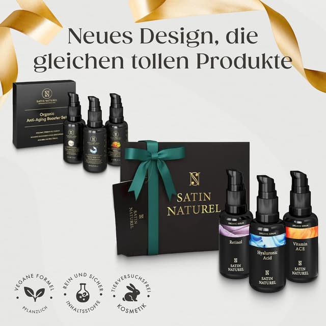 Detalle 2 de Satin Naturel luxuriöses Serum-Set für Frauen: 3×30 ml mit Retinol, Hyaluron & Vitamin C in Geschenkbox