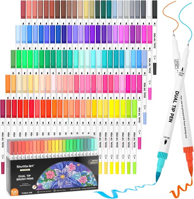 Detalle de Shuttle Art Dual Tip Brush Pens Set (120 colours) with colouring book