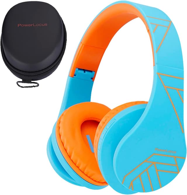 Detalle de PowerLocus P2 Kids Wireless Headphones (Bluetooth, 85DB Volume Limit) with Microphone & Micro SD Support – Blue/Orange